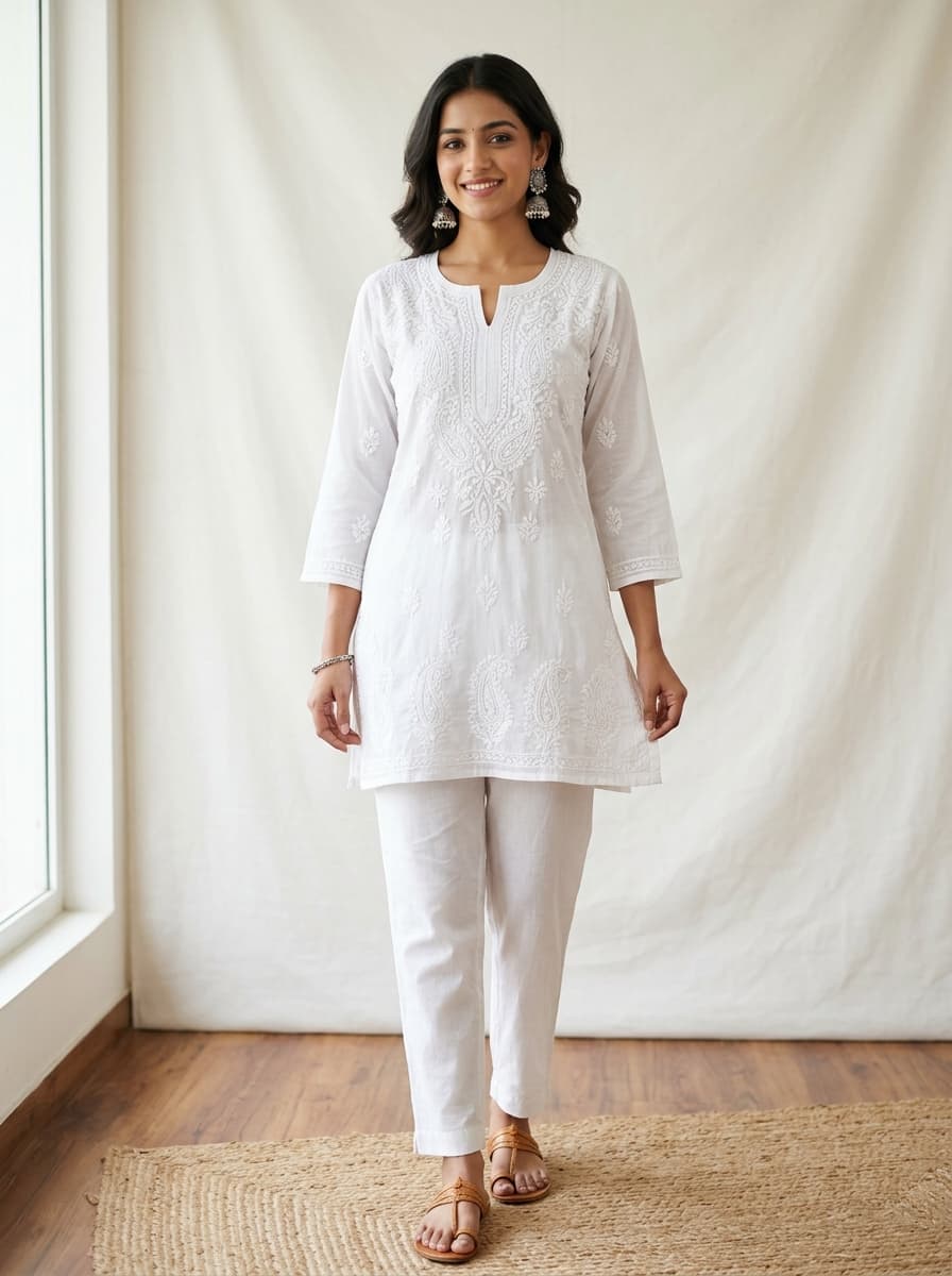 Mulmul Cotton White-on-White Chikan Short Kurti – Ivory White