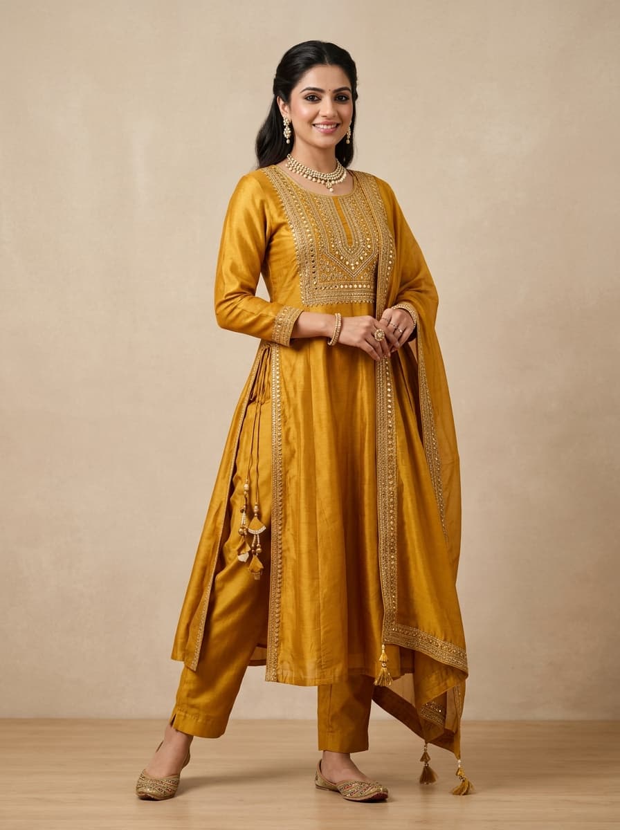 Nayra Cut Foil Print Kurti with Side Tassels – Mustard Gold
