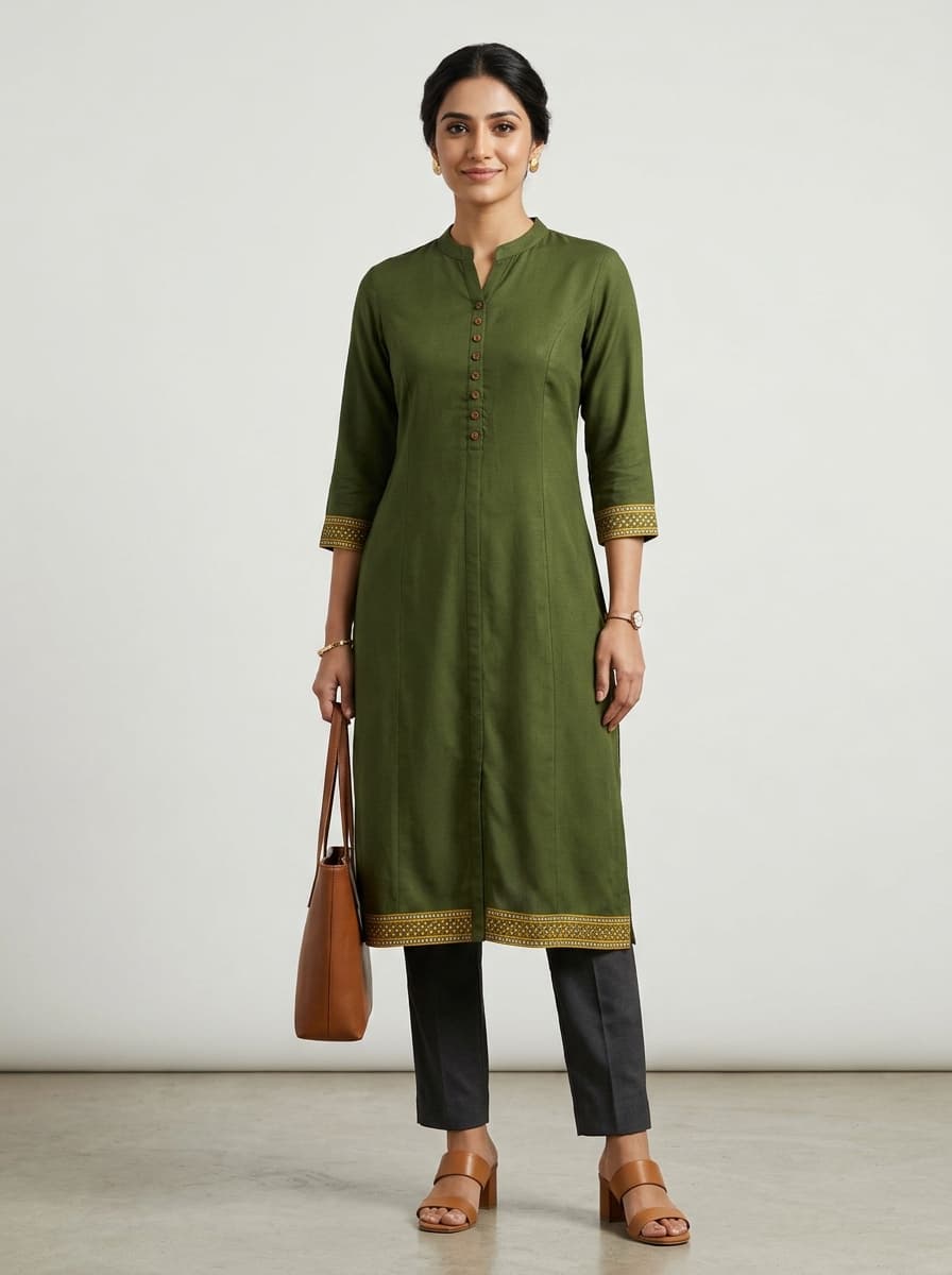 Heavy Rayon Straight Cut Office Kurti – Olive Green